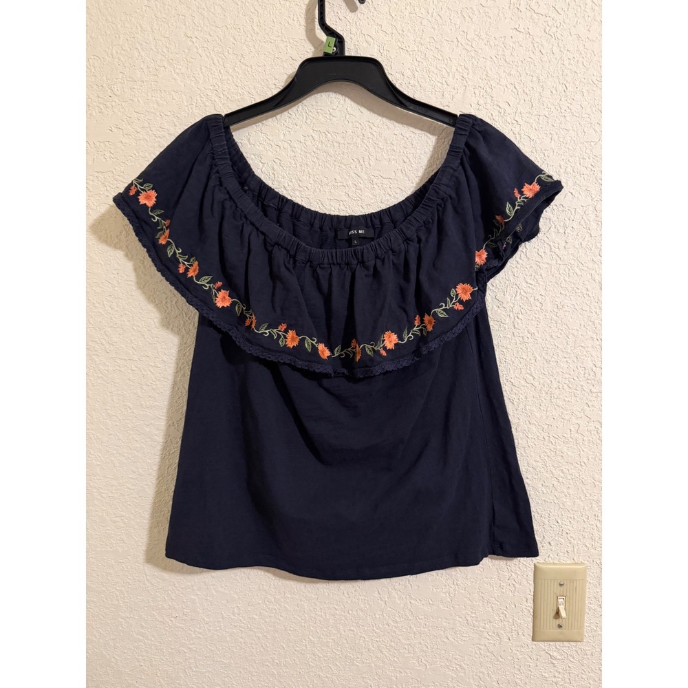 Miss Me Navy Blue Floral Embroidered Off Shoulder Ruffle Top Womens Large